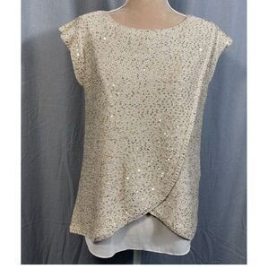 Metallic Sequin Gold Evening Glam SS Knit Pullover Sweater Top Women S